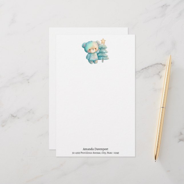Cute Bear and Christmas Tree Holiday Stationery (Front/Back In Situ)