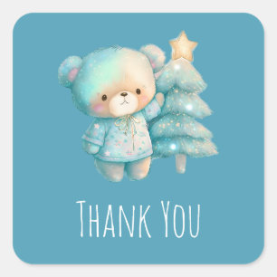 Cute Bear and Christmas Tree Holiday Thank You Square Sticker