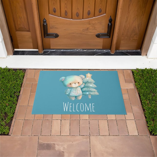 Cute Bear and Christmas Tree Holiday Welcome Doormat (Outdoor)