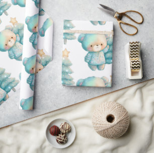 Cute Bear and Christmas Tree Holiday Wrapping Paper