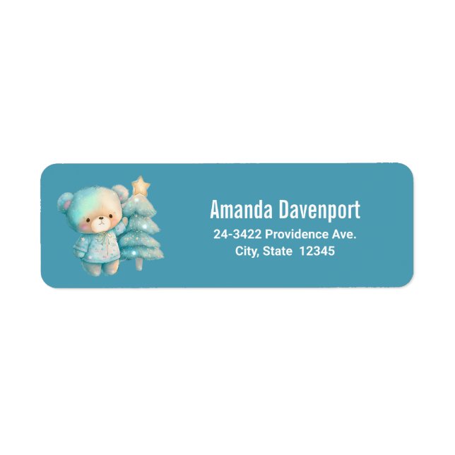 Cute Bear and Christmas Tree Teal Holiday Address (Front)