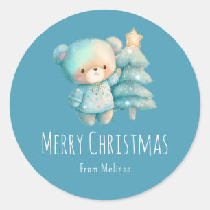 Cute Bear and Christmas Tree Teal Holiday Classic Round Sticker