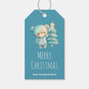Cute Bear and Christmas Tree Teal Holiday Gift Tags