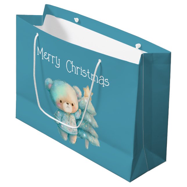 Cute Bear and Christmas Tree Teal Holiday Large Gift Bag (Front Angled)
