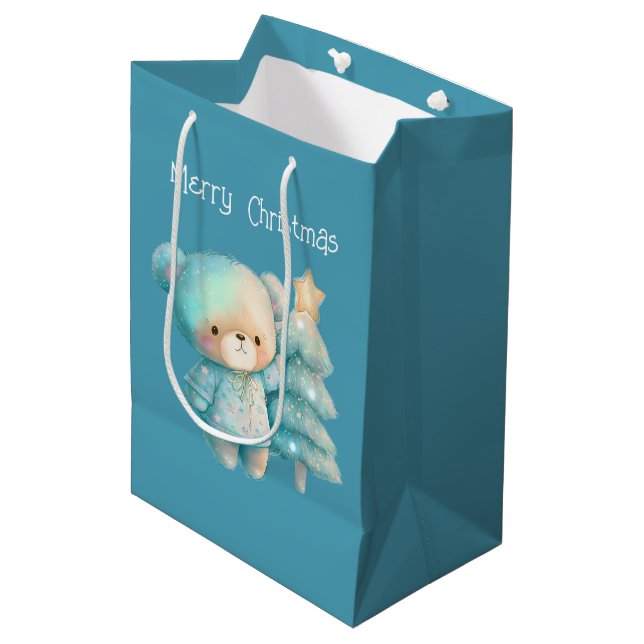 Cute Bear and Christmas Tree Teal Holiday Medium Gift Bag (Front Angled)