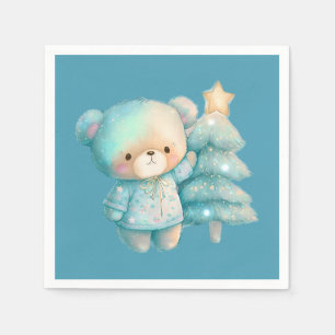 Cute Bear and Christmas Tree Teal Holiday Napkin