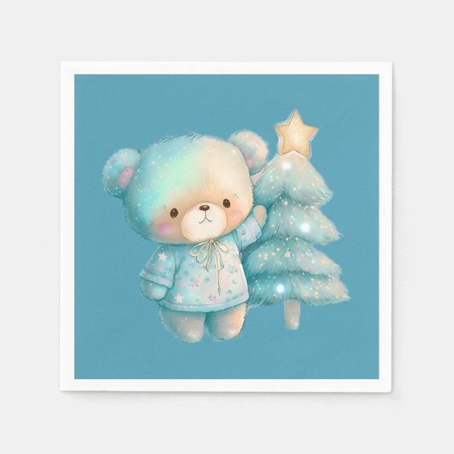 Cute Bear and Christmas Tree Teal Holiday Napkin (Front)