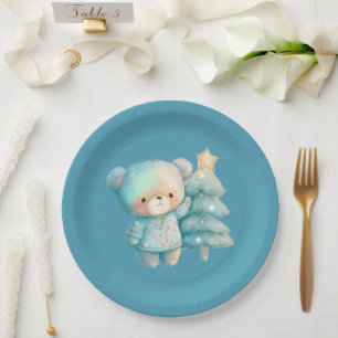 Cute Bear and Christmas Tree  Teal Holiday Paper Plate