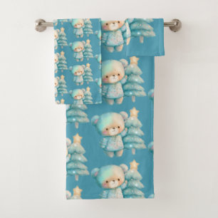 Cute Bear and Christmas Tree Teal Holiday Pattern Bath Towel Set