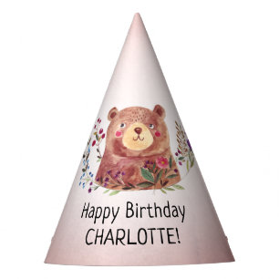 Cute Bear and Flowers Child's Birthday Party Hat
