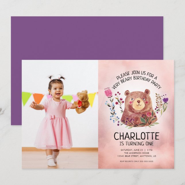 Cute Bear and Flowers Girls Photo Birthday Party Invitation (Front/Back)