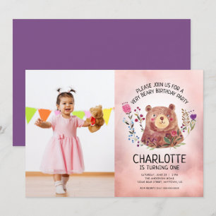 Cute Bear and Flowers Girls Photo Birthday Party Invitation