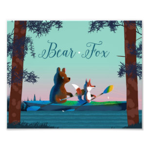 Cute Bear and Fox kayaking on a wild forest river Photo Print