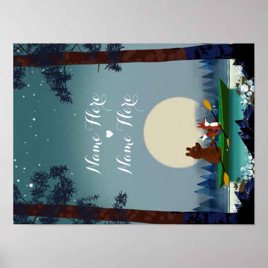Cute Bear and Fox kayaking on a wild forest river Poster