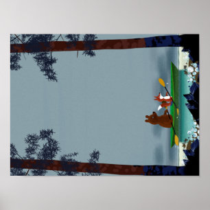 Cute Bear and Fox kayaking on a wild forest river Poster