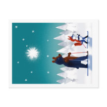 Cute Bear and Fox skiing under stars in a forest