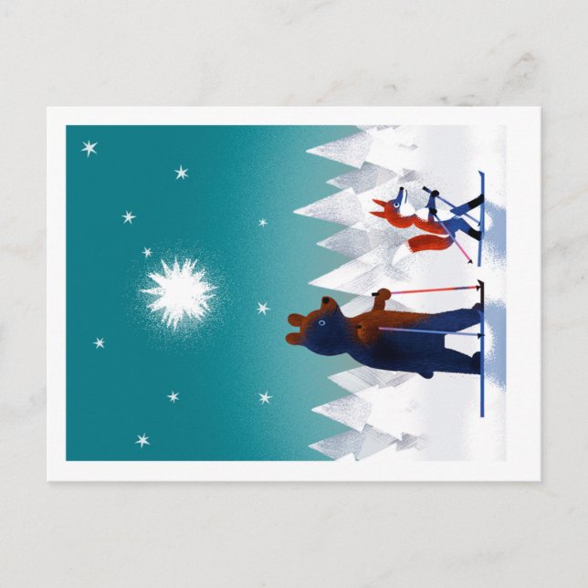 Cute Bear and Fox skiing under stars in a forest Postcard (Front)