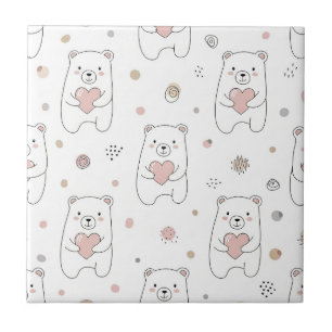 Cute Bear and Hearts -- Pastel Nursery (1) Tile