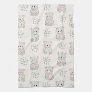 Cute Bear and Hearts -- Pastel Nursery (8) Tea Towel