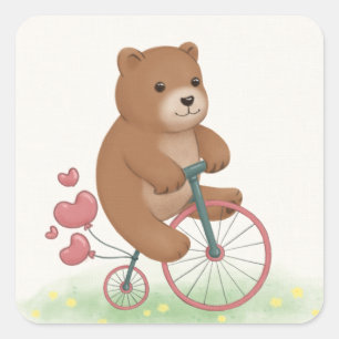 Cute Bear and High Wheel Bike Illustration Art Square Sticker