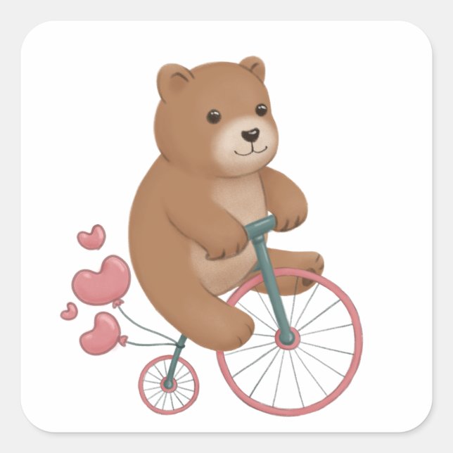 Cute Bear and High Wheel Bike Illustration Square Sticker (Front)