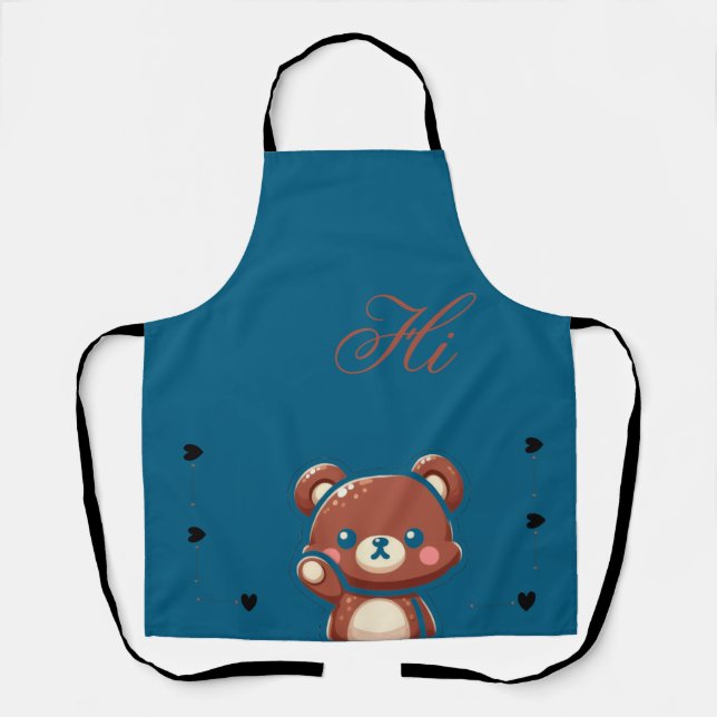Cute Bear Apron–Teal Blue Teddy Bear Kitchen Apron (Front)