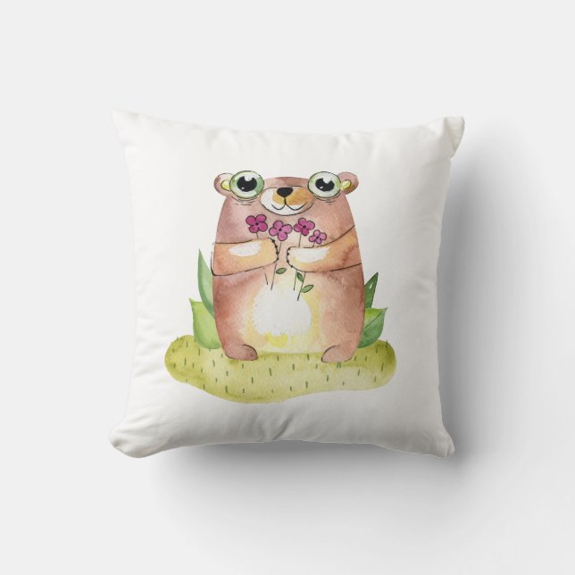 Cute bear baby. Kids animal watercolor. Nursery Cushion (Front)