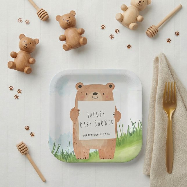 Cute Bear Baby Shower rustic woodland Paper Plate (Cute Bear Baby Shower rustic woodland Paper Plates.)