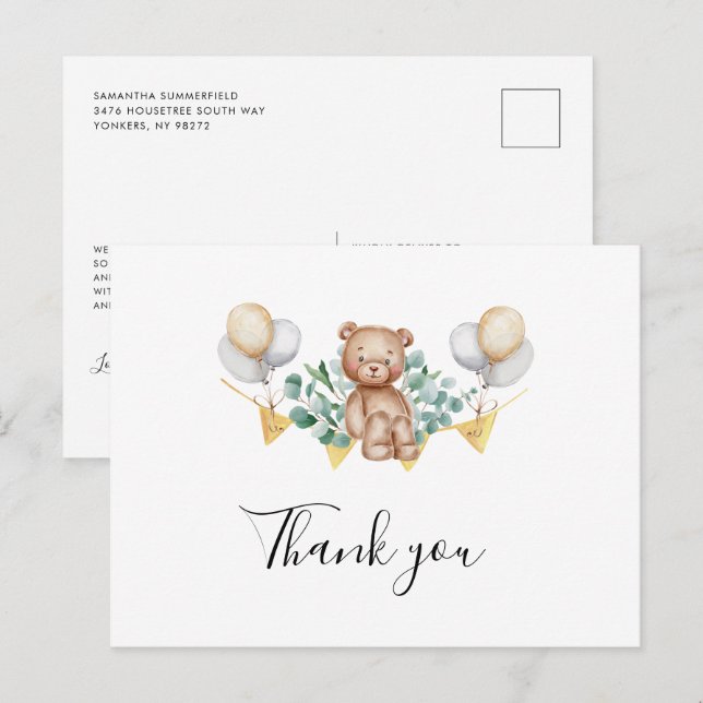 Cute Bear Baby Shower Thank You Invitation Postcard (Front/Back)