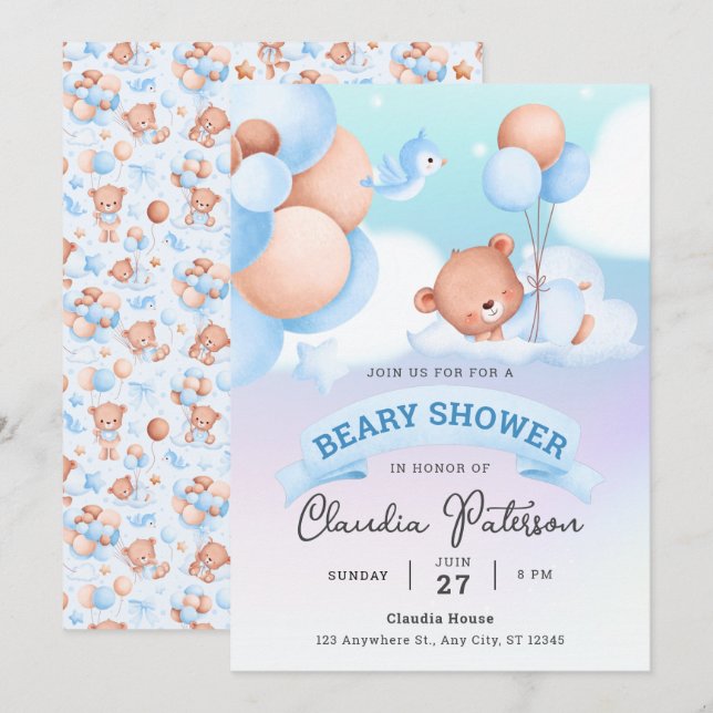 Cute Bear Baby Shower Watercolor Brown Blue Pastel Invitation (Front/Back)