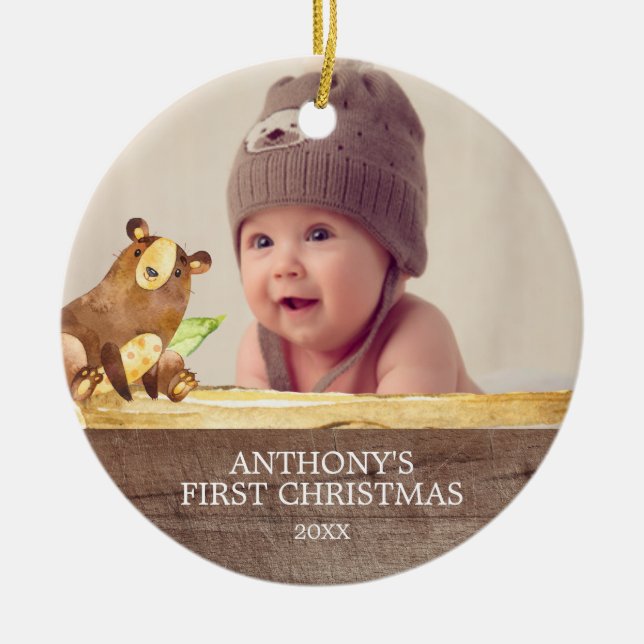 Cute Bear Baby's 1St Photo Christmas Ornament (Front)