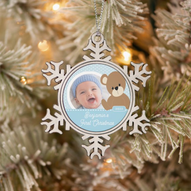 Cute Bear Baby's First Christmas Photo Snowflake Pewter Christmas Ornament (Tree)