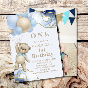 Cute Bear Balloon Abstract Blue Gold Photo Invitation