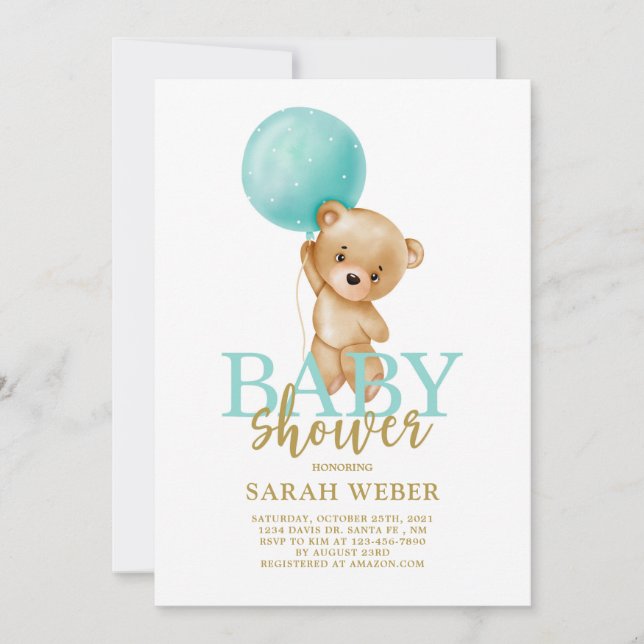 Cute bear balloon baby shower boy invitation (Front)
