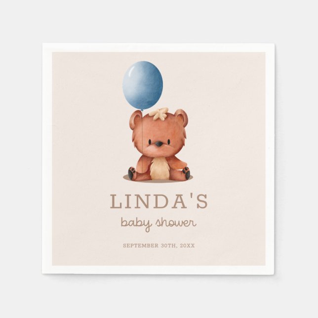 Cute Bear Balloon Gender Neutral Baby Shower Napkin (Front)
