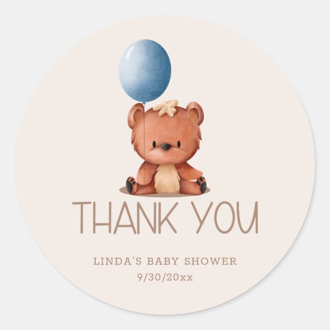 Cute Bear Balloon Thank You Baby Shower Classic Round Sticker (Front)