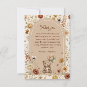 Cute Bear Balloons Boho Floral Baby Shower Thank You Card