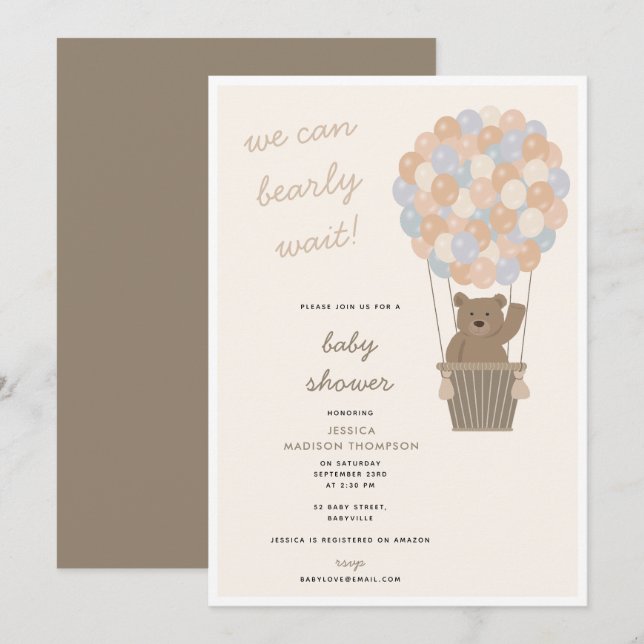 Cute Bear Balloons Gender Neutral Baby Shower  Invitation (Front/Back)