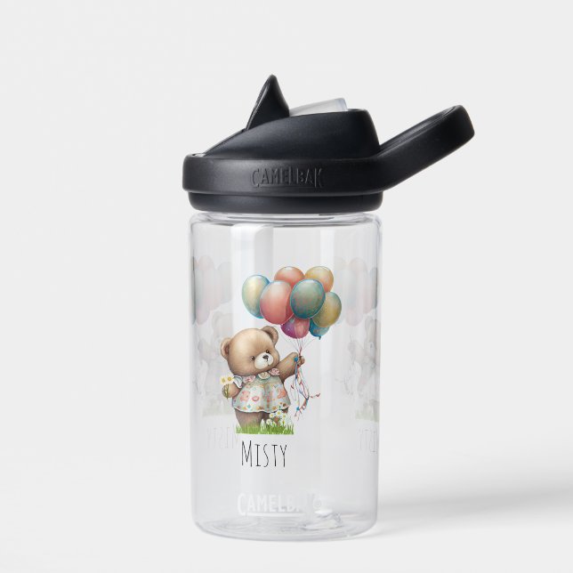 Cute Bear Balloons Kids School Personalised Name Water Bottle (Left)