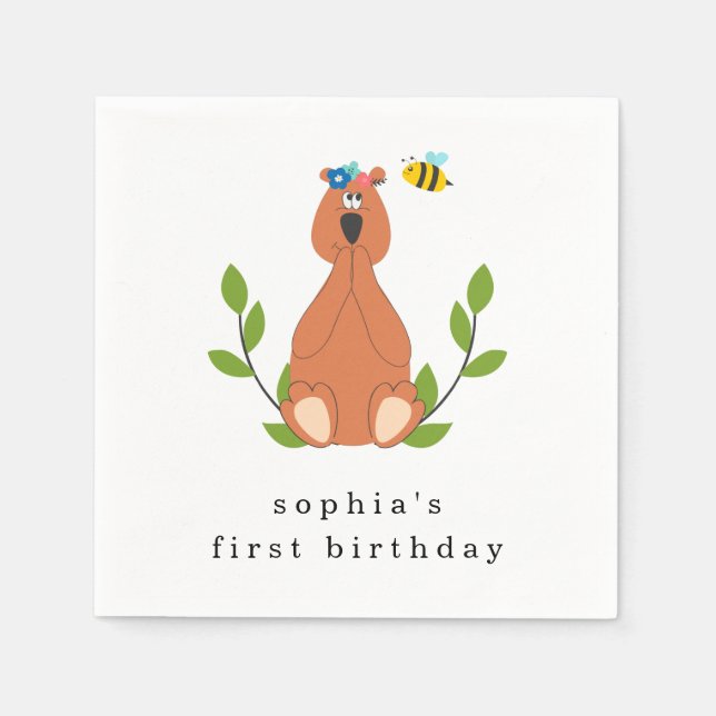 Cute Bear Bee First Birthday Party Napkin (Front)