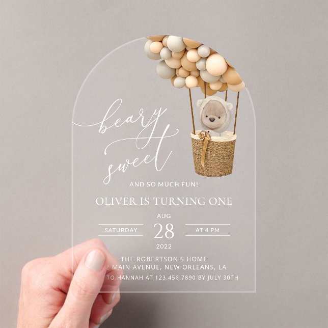 Cute Bear, Beige Balloons, First Birthday Acrylic Invitations (Insitu (Handheld))