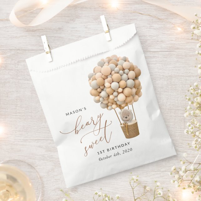 Cute Bear, Beige Balloons, First Birthday Favour Bags (Clipped)