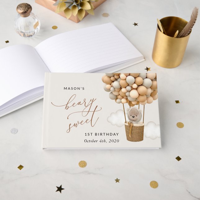 Cute Bear, Beige Balloons, First Birthday Guest Book (Front Open)
