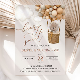 Cute Bear, Beige Balloons, First Birthday Invitation