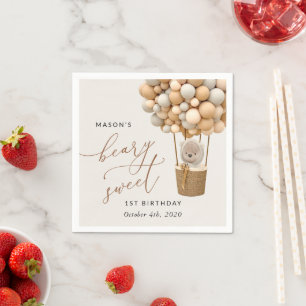 Cute Bear, Beige Balloons, First Birthday Napkin