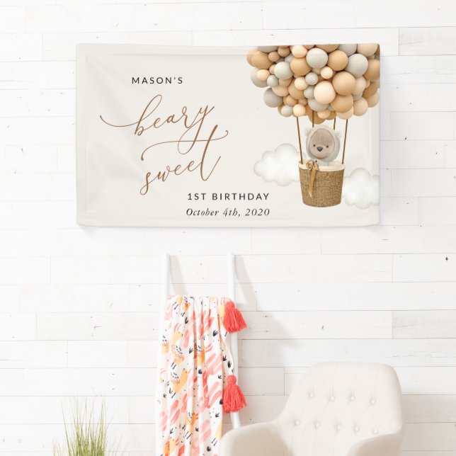 Cute Bear, Beige Balloons, First Birthday Welcome Banner (Insitu)
