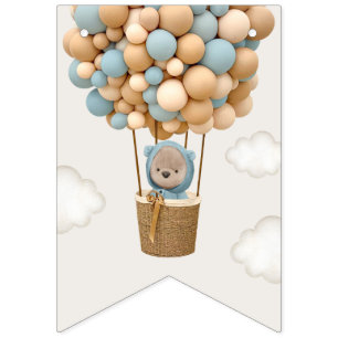 Cute Bear, Blue Balloons, First Birthday Bunting