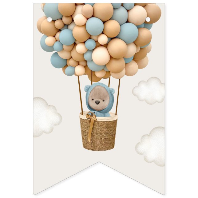 Cute Bear, Blue Balloons, First Birthday Bunting (First Flag)