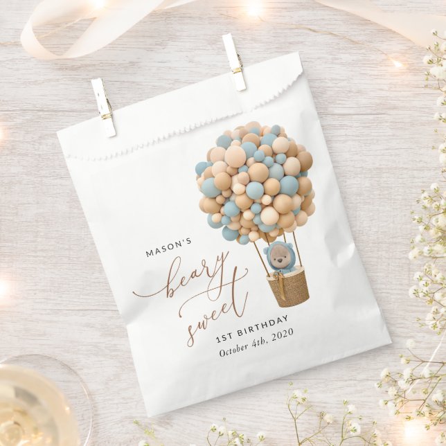 Cute Bear, Blue Balloons, First Birthday Favour Bags (Clipped)