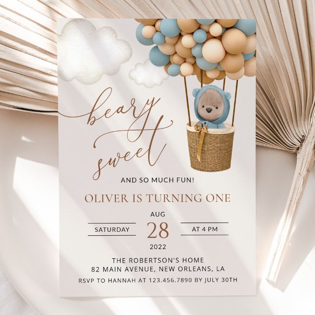 Cute Bear, Blue Balloons, First Birthday Invitation (Creator Uploaded)